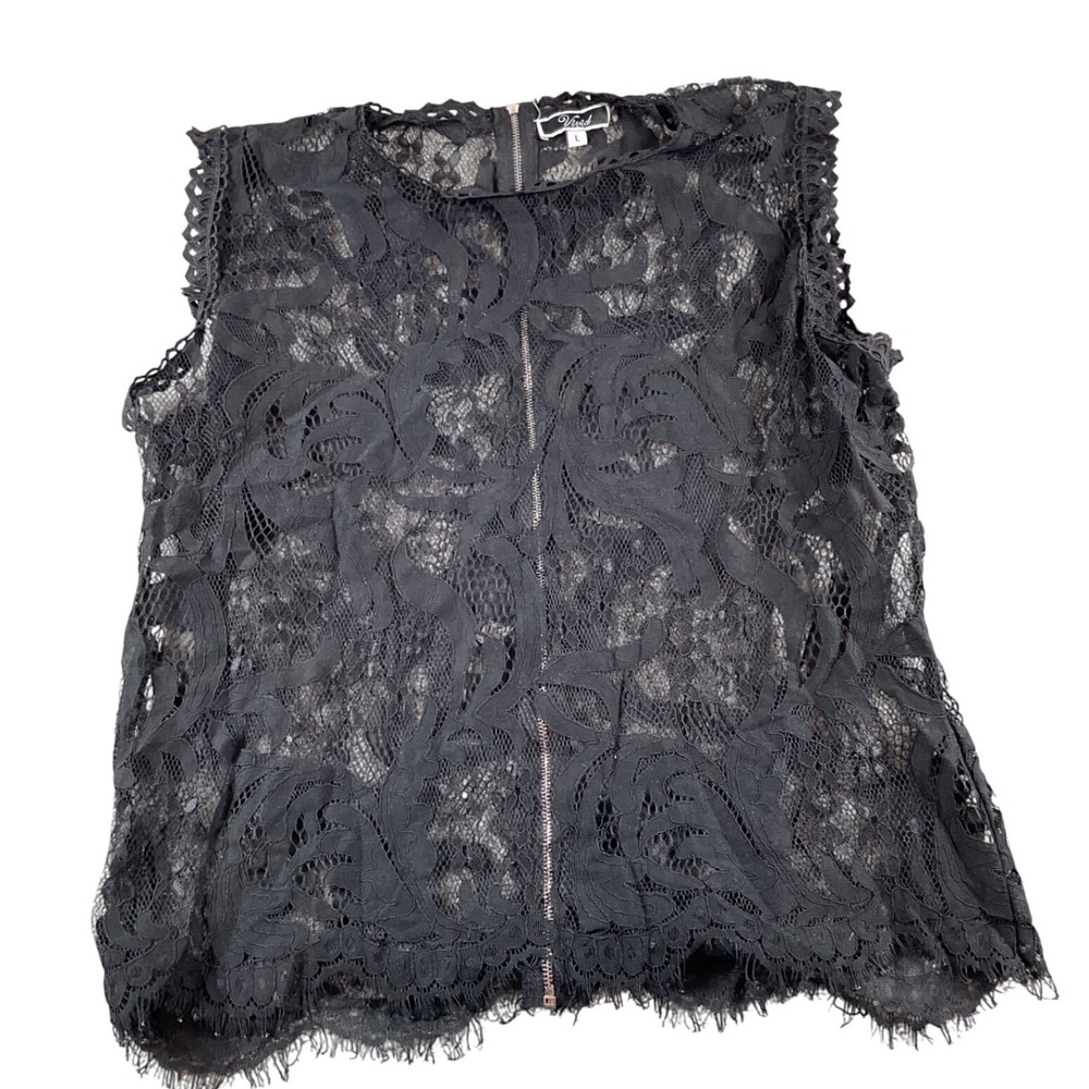 Vivid Black Lace Tank Top Sleeveless Zipper Elegant Party Festival goth‎ Size L